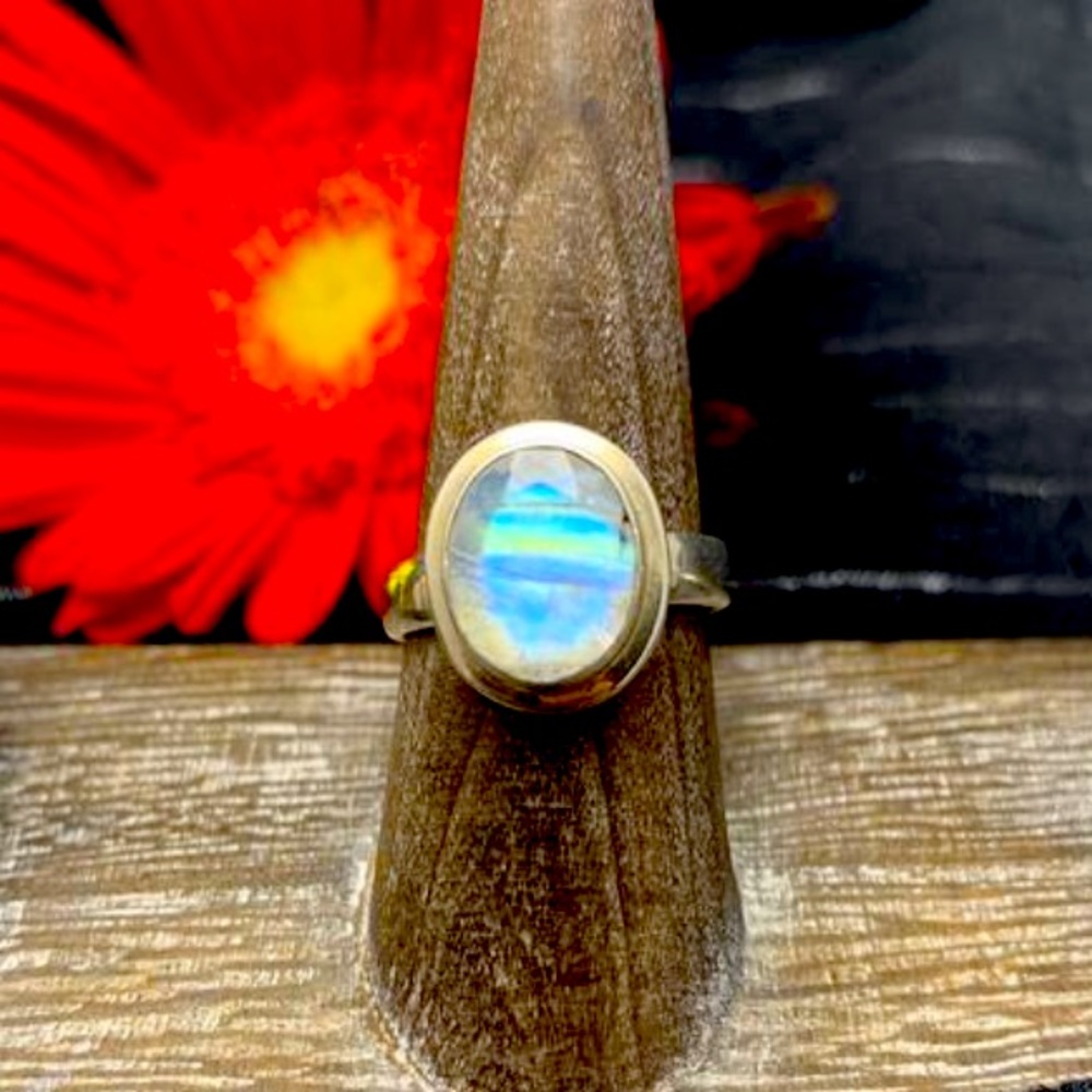Rainbow Oval Moonstone 925 Silver Ring,  7 1/4